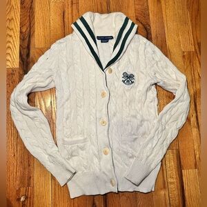 Ralph Lauren Cream and Green Cotton Cable Knit Shawl Collar Cardigan